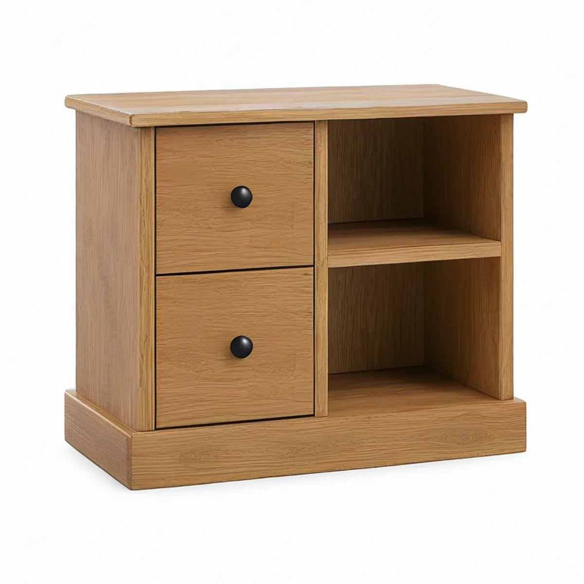 Mesa de Cabeceira em Carvalho Maciço Natural e Preto com 2 Gavetas e 2 Nichos, 60 x 40 x 65 cm