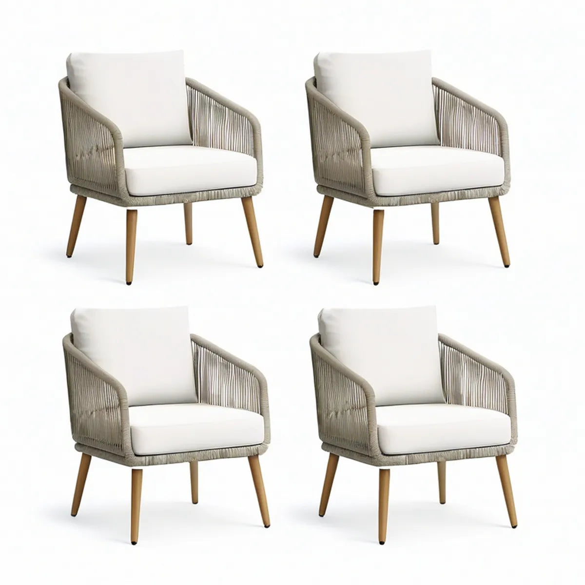 Conjunto de 4 Poltronas com Braços em Corda PP Bege-Acinzentada e Almofadas Brancas, 68 x 65 x 78 cm