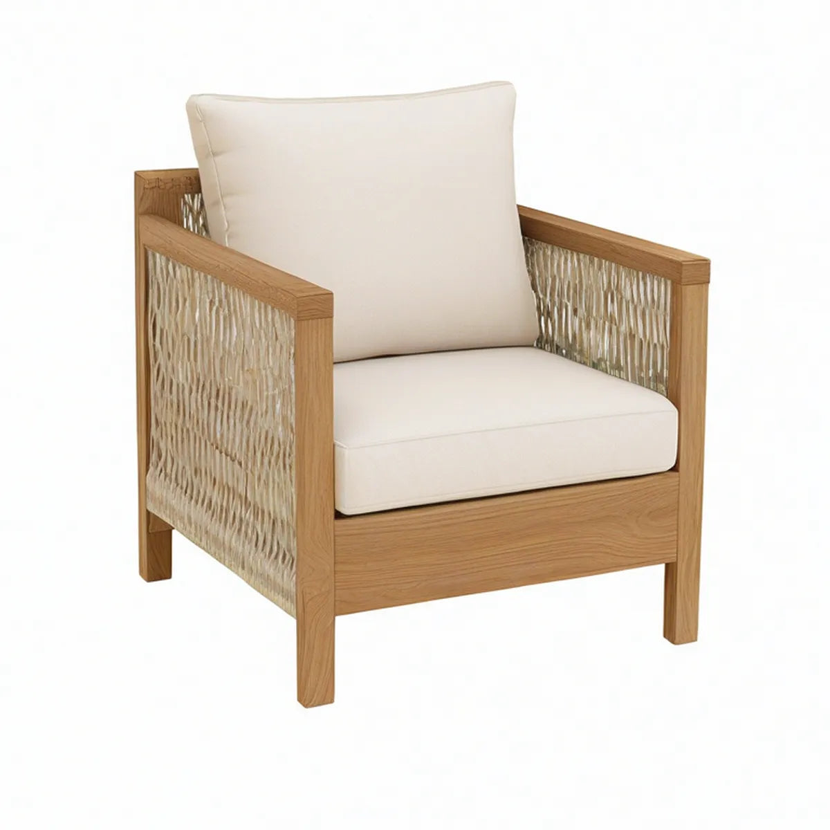 Poltrona de Jardim em Teca Maciça com Corda Entrançada e Almofadas Bege, 75 x 78 x 78 cm