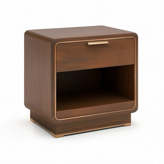 Mesa de Cabeceira Retangular em MDF Folheado a Nogueira com Gaveta e Nicho, 50 x 40 x 55 cm, Castanho Nogueira e Dourado