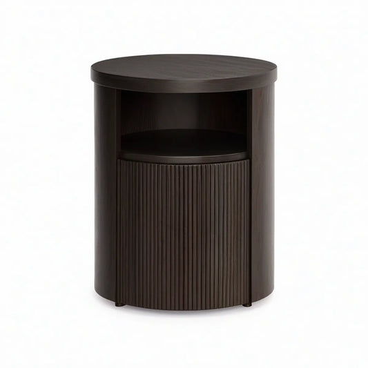 Mesa de Cabeceira Redonda em MDF Castanho Escuro com Porta e Nicho, Ø45 x 60 cm