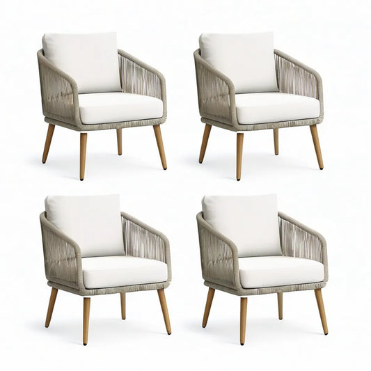 Conjunto de 4 Poltronas com Braços em Corda PP Bege-Acinzentada e Almofadas Brancas, 68 x 65 x 78 cm