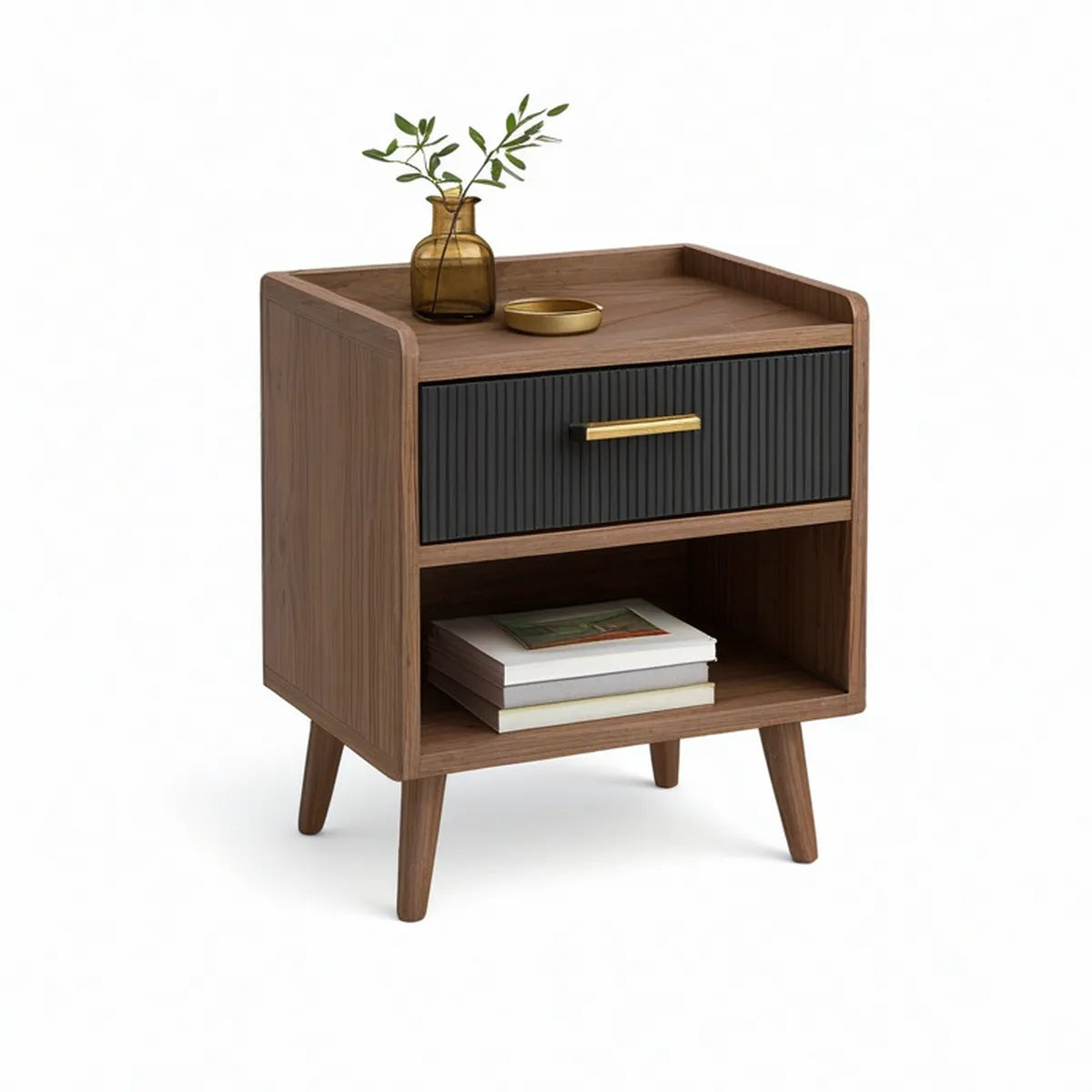 Mesa de Cabeceira em MDF Laminado Nogueira com Gaveta Preta e Puxador Dourado, 50 x 40 x 60 cm