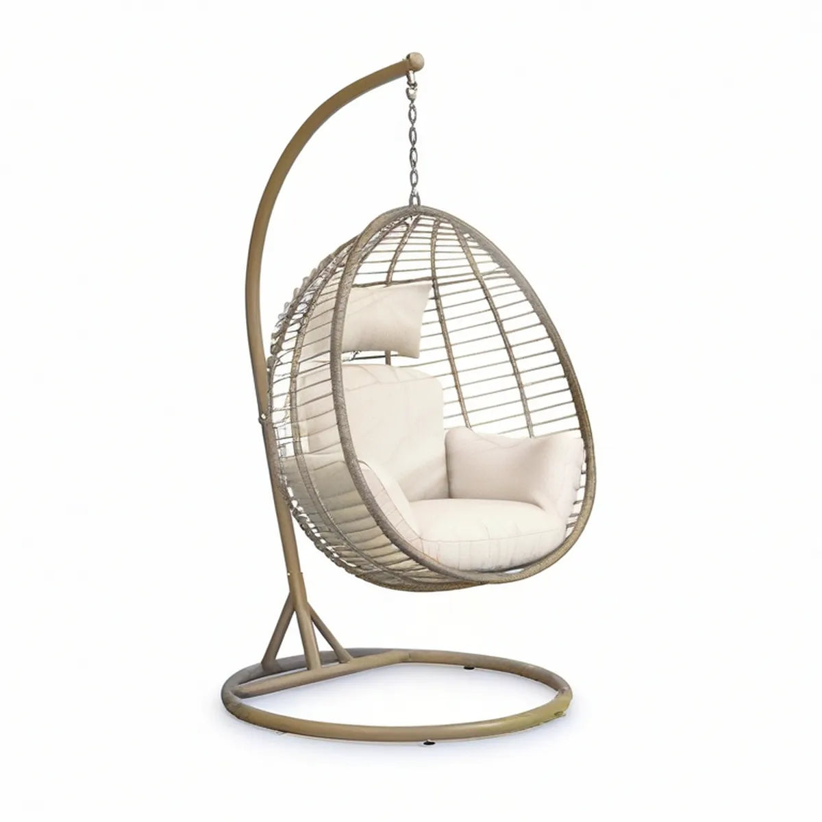 Cadeira Suspensa em Forma de Ovo com Suporte em Aço, PE Bege e Almofadas Creme, 105 x 105 x 195 cm