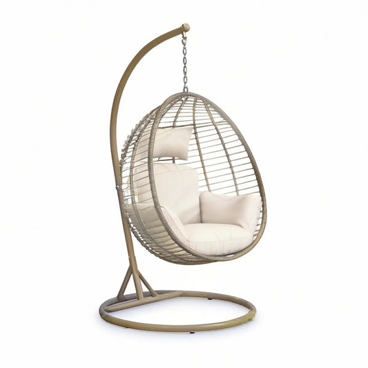 Cadeira Suspensa em Forma de Ovo com Suporte em Aço, PE Bege e Almofadas Creme, 105 x 105 x 195 cm