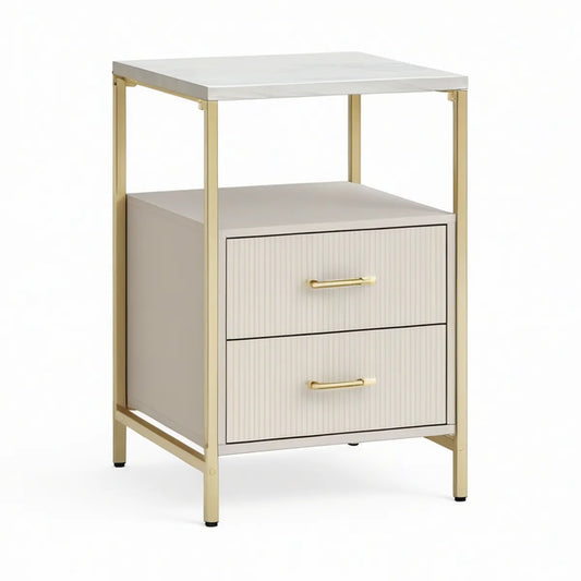 Mesa de Cabeceira Retangular com 2 Gavetas, Branco Marmoreado e Dourado, 45 x 40 x 60 cm