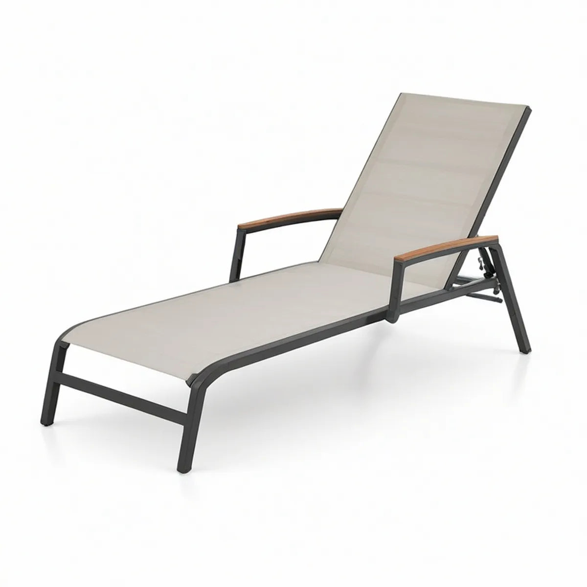 Espreguiçadeira Reclinável de Jardim 195 x 65 x 32-95 cm em Alumínio, Textilene Bege e Madeira de Acácia
