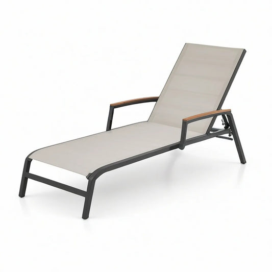 Espreguiçadeira Reclinável de Jardim 195 x 65 x 32-95 cm em Alumínio, Textilene Bege e Madeira de Acácia